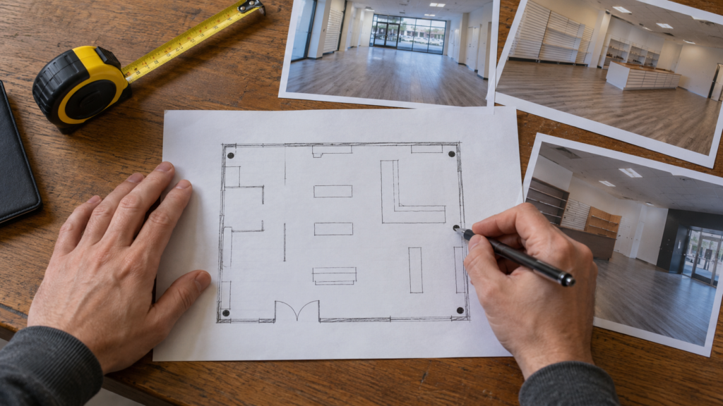 A room sketch and site photographs used to plan camera coverage.