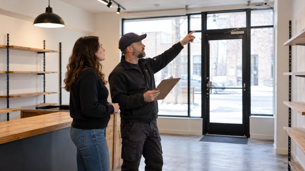 Discussing camera coverage during a shop walkthrough.