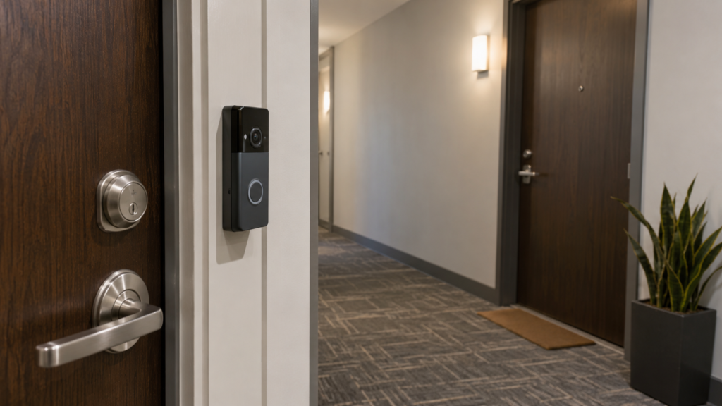 A doorbell camera beside doors opening onto a shared hallway.