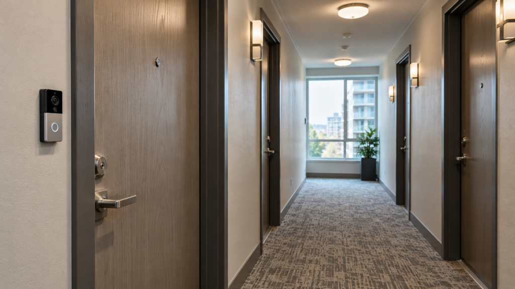 A doorbell camera beside a unit door in a shared condo hallway.
