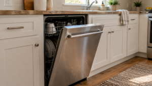 A dishwasher fitted under a kitchen counter.