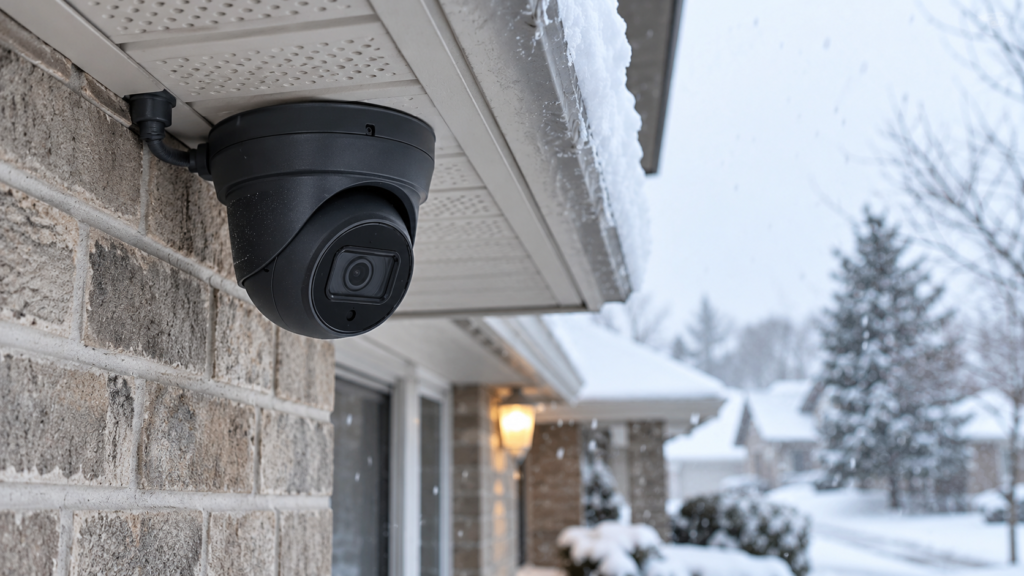 A wired security camera mounted under an eave during snowfall.