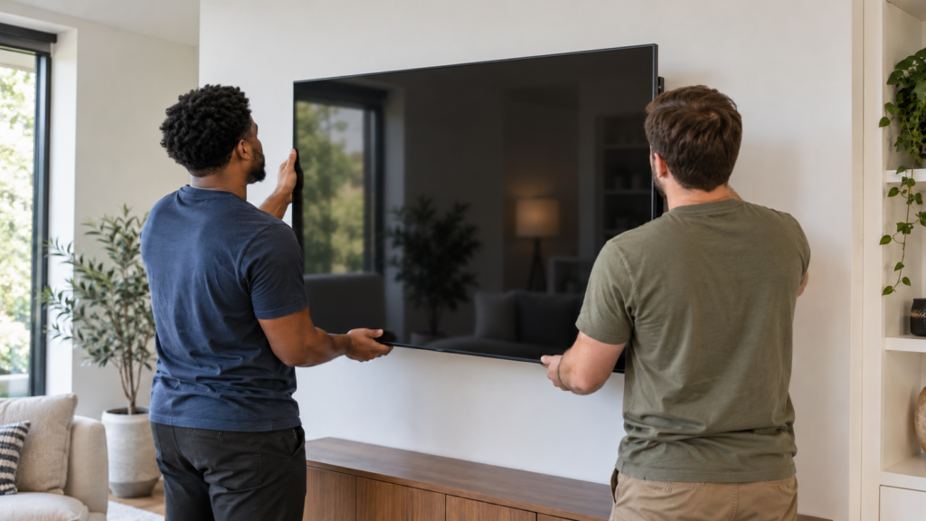 Two people lifting a television toward its wall mount.