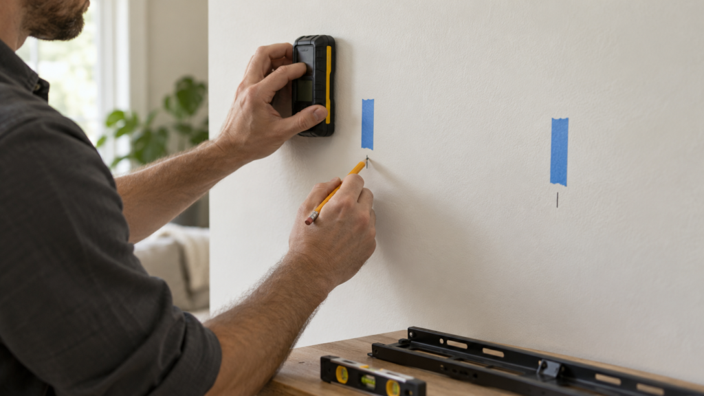 Using a stud finder before positioning a TV wall plate.