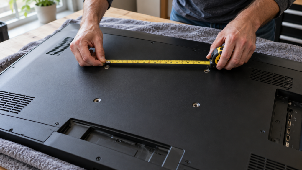 Measuring the spacing between mounting holes on the back of a TV.
