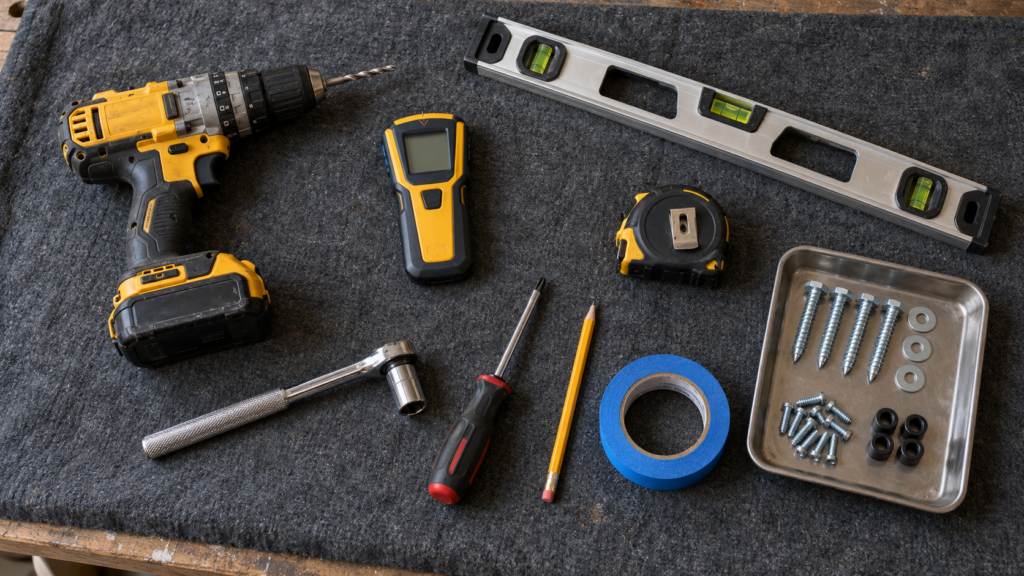 Tools and hardware prepared for a TV wall-mounting job.