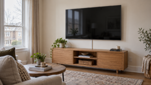 A wall-mounted TV above a media console in a living room.